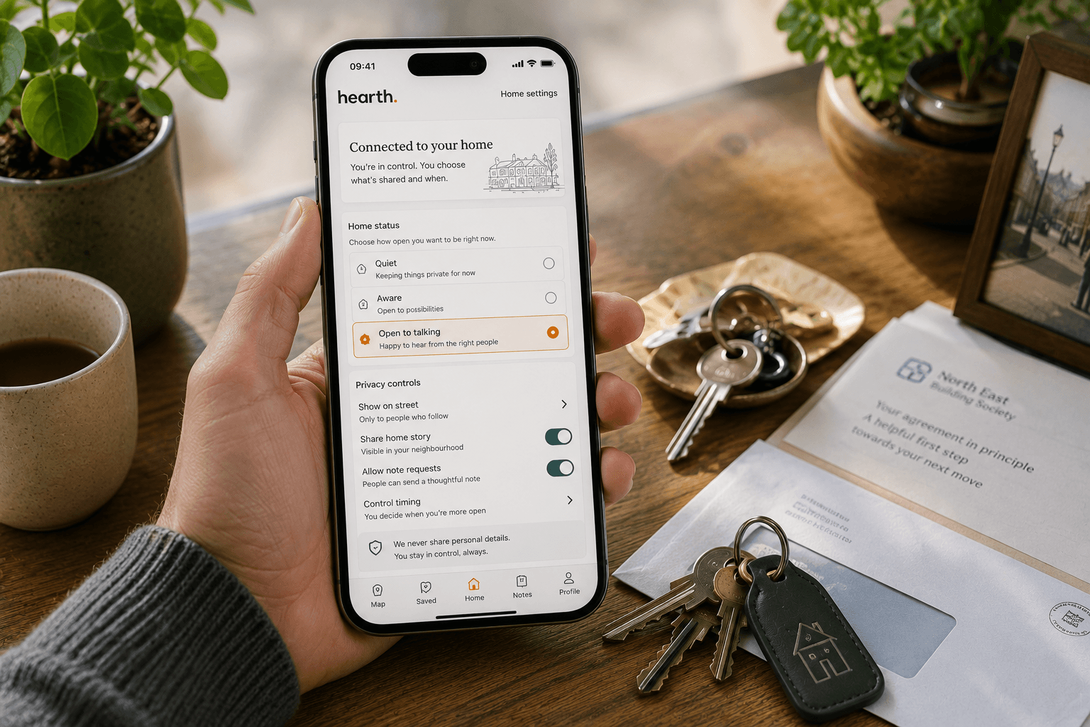 Hearth mobile concept showing home status and privacy controls.