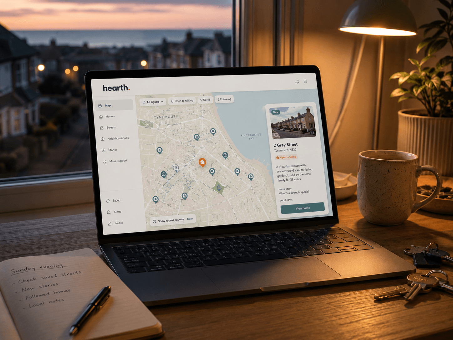Hearth product preview showing a map with neighbourhood signals and home cards.